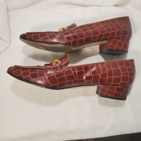 Vintage Etienne Aigner Brown Leather Croc-Embossed Horsebit Loafers 6.5 M - Picture 3 of 7